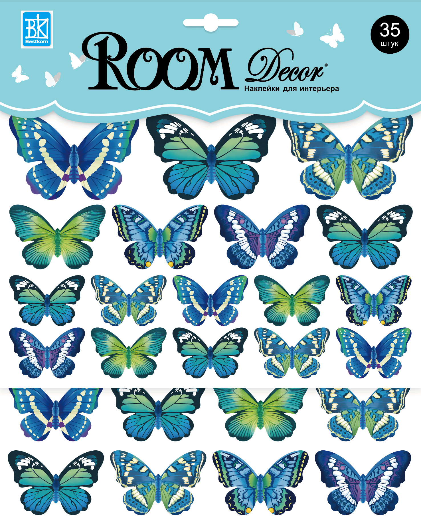 Наклейка   RKA 3301 Бабочки сине-зелен. 2 листа, голограмма,р-р 25 х 25 см, ПВХ, 3D/уп.12/