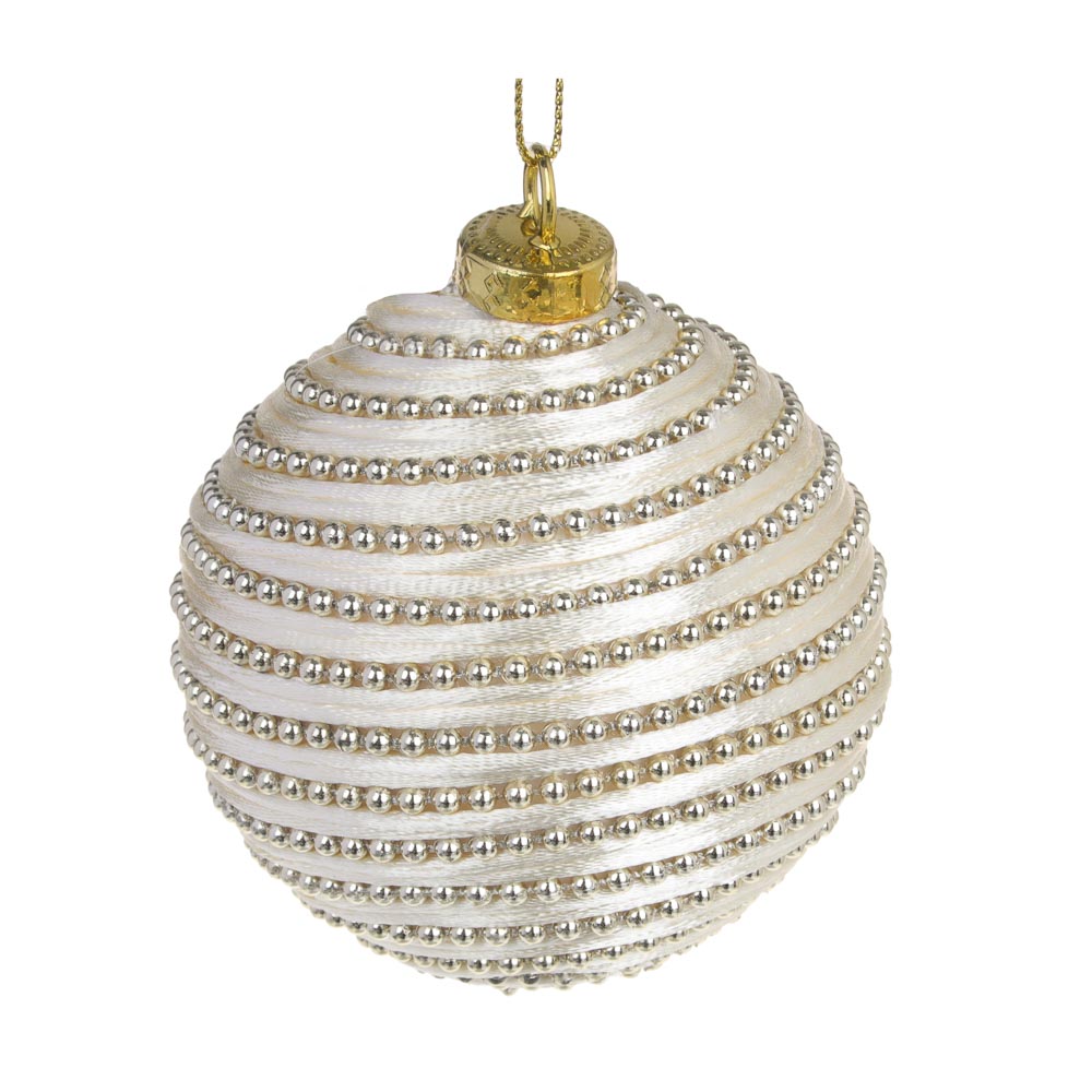 Подвеска, в форме шара с декором, 8 см, пенопласт, текстиль, цвет белый жемчуг с золотом