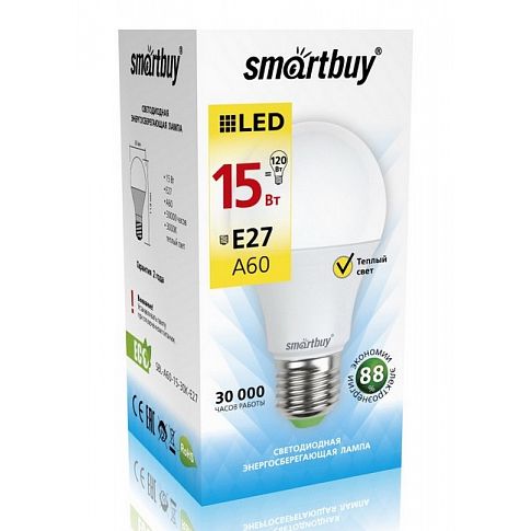 Эл. лампа светодиодная  Smartbuy A60-15W/3000/E27