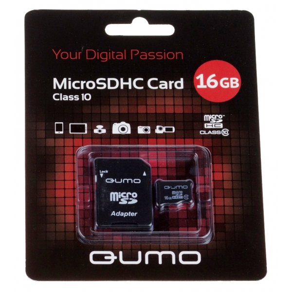 Пам.MicroSDHC,16Gb QUMO (Class 10) + переходник SD, чёрно-красн картон упаковка
