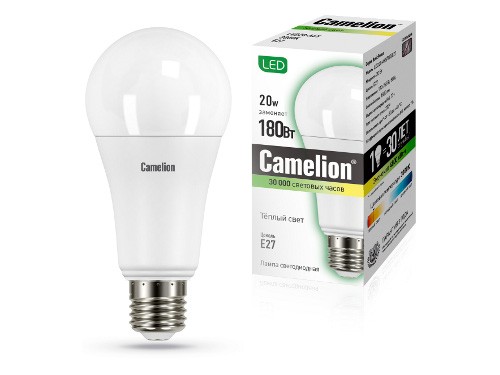 Эл. лампа светодиодная Camelion LED-A65-20W-/830/E27(Лон 20Вт 220В, аналог 180 Вт) уп.1/10/100