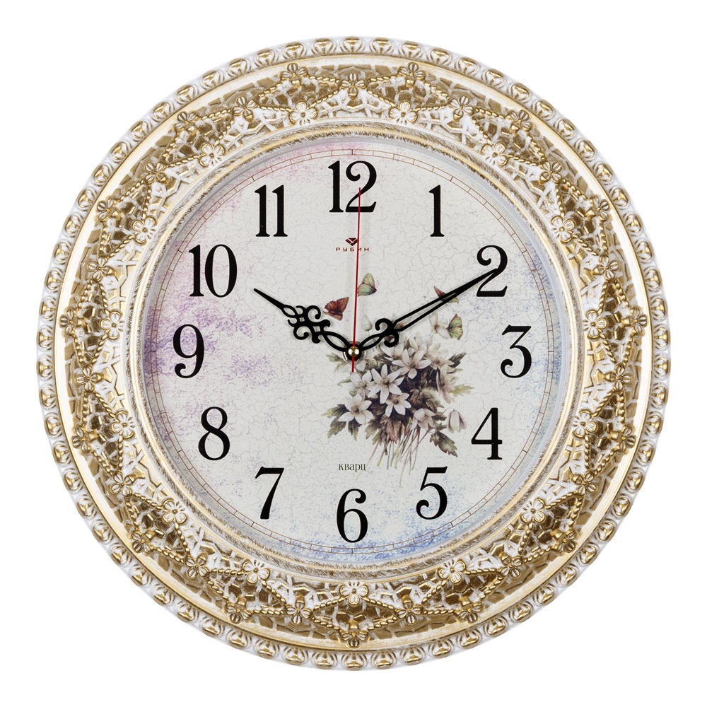 Часы настенные СН 3825 - 003 круглые, корпус белый с золотом "Полевые цветы" (38 см) (5)