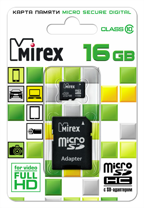 Пам.MicroSDHC,16Gb Mirex (Class 10) + переходник SD