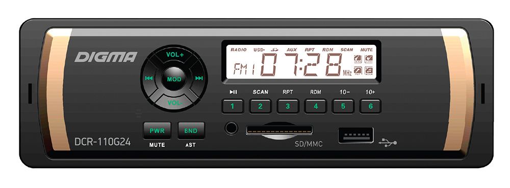 Авто магнитола  Digma DCR-110G24 (питание 24V !!!, USB/SD/MMC/AUX MP3 4*45Вт 18FM зел подсв)