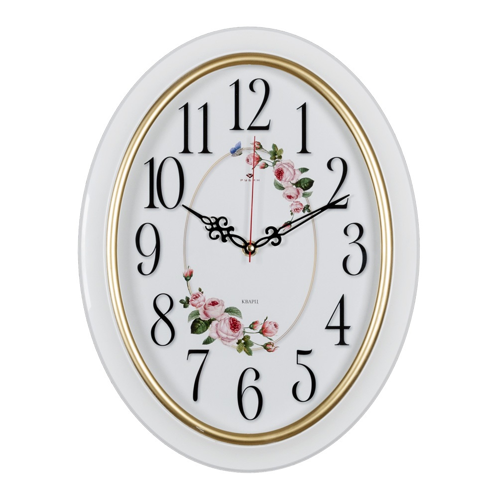 Часы настенные СН 3829 - 107 овал, корпус белый с золотом "Розы" (29,5х38,5 см) (10)