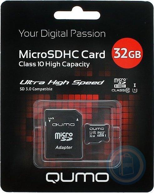 Пам.MicroSDHC, 8Gb QUMO (Сlass 10 UHS-I, 3.0) с адаптером SD, черно-красная картонная упаковка