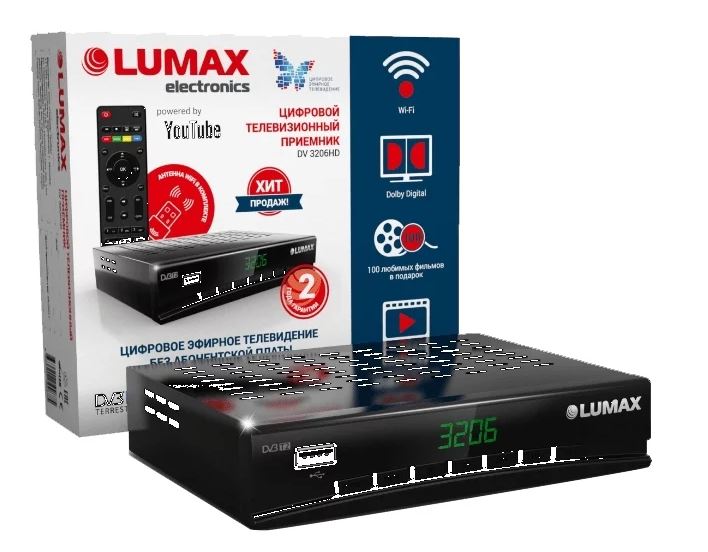 Цифровая TV приставка (DVB-T2) Lumax DV3205HD (T2/C, мет, диспл, 3кн, Wi-Fi, YouTube, Megago, IPTV)