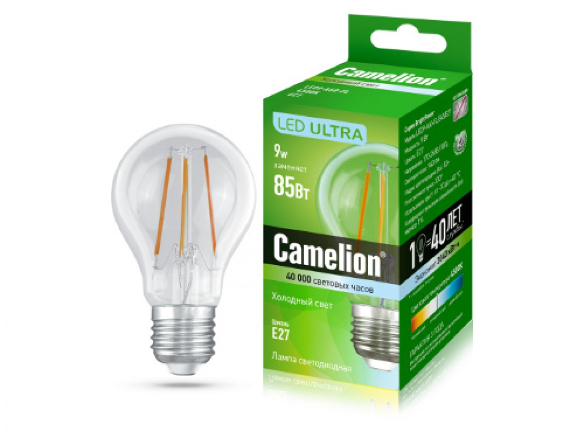 Эл. лампа светодиодная Camelion LED-A60- 9W-FL/845/E27(Лон 9Вт 220В, аналог 65Вт)уп.1/10/100