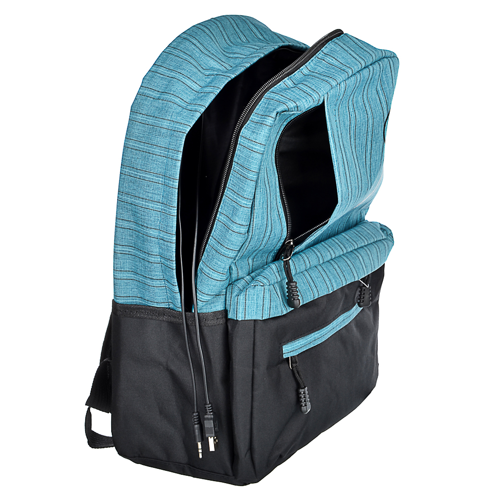 Рюкзак подростковый 44x31x13см, 1отд, 1 карман, спинка из ЭВА, USB, полиэстер под ткань, бирюзовый