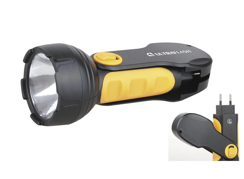 Фонарь  Ultra Flash  LED 3828 (фонарь акку 220В, черн/желт, 1LED 0,5Вт, SLA, пласт, склад. вилк)