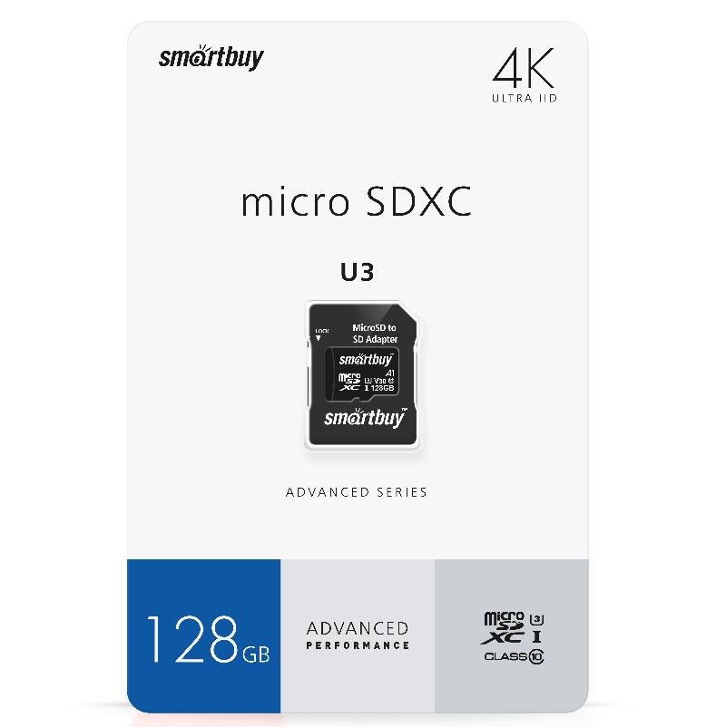Пам.microSDXC,128Gb Smartbuy Class10 U3 V30 A1 Advanced R/W up to 90/55 с адапт (SB128GBSDU1A-AD)