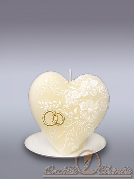 Свеча подароч. Свадьба "Сердце жемчужное" с апл.колечки, блюдце (арт.8931 )