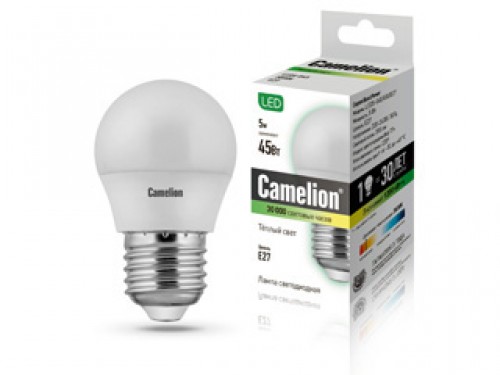 Эл. лампа светодиодная Camelion LED-G45-5W-/830/E27(Шар 5Вт 220В, аналог 45Вт) уп.1/10/100