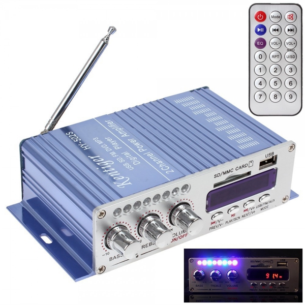 Усилитель звука Kentiger HY502S (2х20Вт, USB, SD, bluetooth, FM, ду, пит 12В/5А -5.5мм)