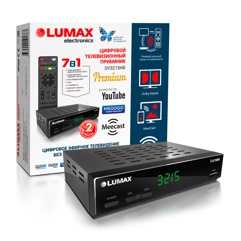 Цифровая TV приставка (DVB-T2) Lumax DV3215HD (Пульт обучаемый для TV, мет, диспл, 3кн, Wi-Fi,IPTV)