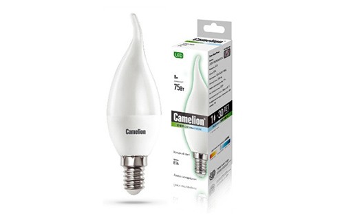 Эл. лампа светодиодная Camelion LED-CW35-8W-/ 845/ E14 (Свеча на ветру 8Вт 220В)уп.10