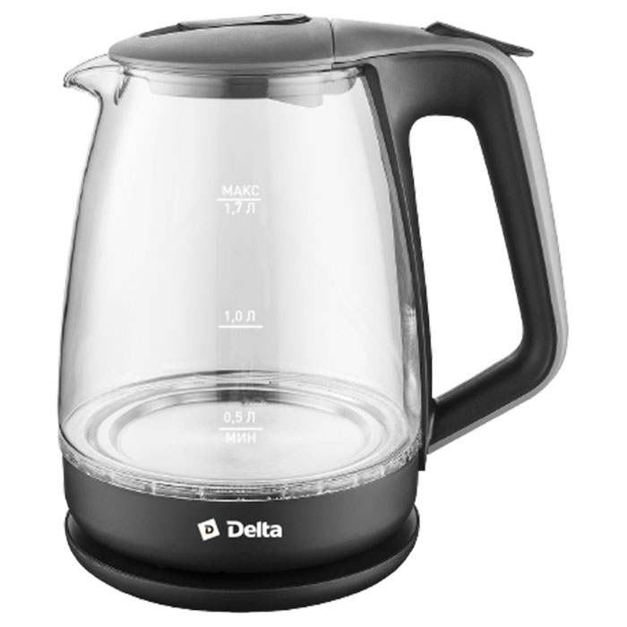 Чайник DELTA DL-1331 стекл, черный с серым: 2200 Вт, 1,7 л (6/уп)