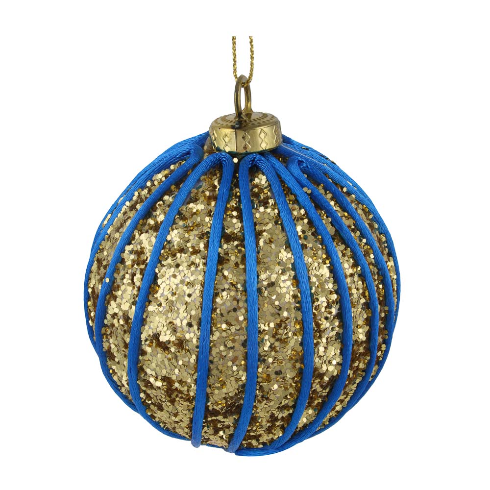 Подвеска, в форме шара с декором, 8 см, пенопласт, текстиль, синий с золотом