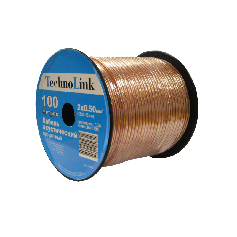 кабель акустический  Technolink 2*0.50мм2 (28*0.15мм) CCA, 100м, пластиковая катушка, прозрачный