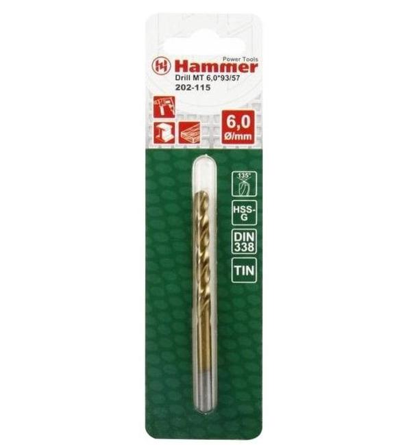 Сверло Hammer Flex 202-115 DR MT 6,0мм*93/57мм  металл, DIN338, HSS-G, TIN