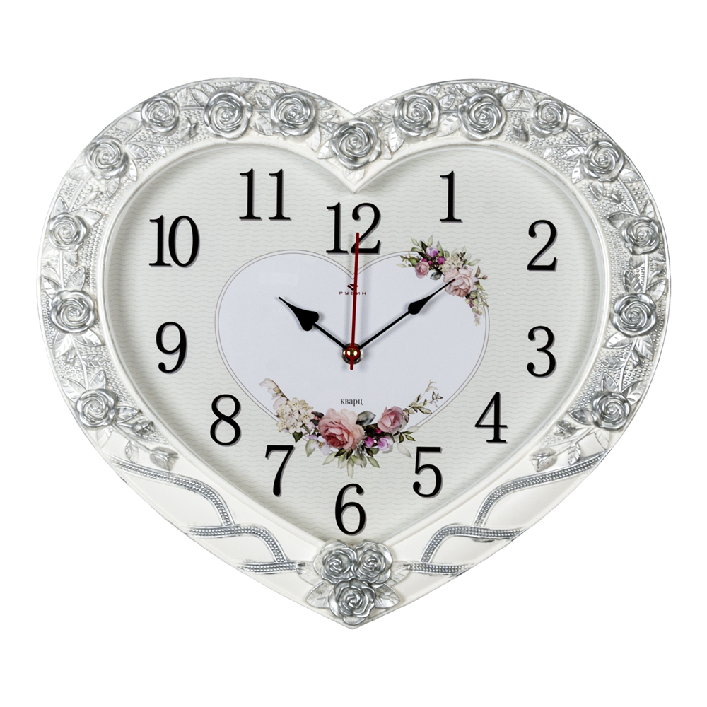 Часы настенные СН 4134 - 003 в форме сердца 41х35см, корпус белый с серебром "Нежность" (5)