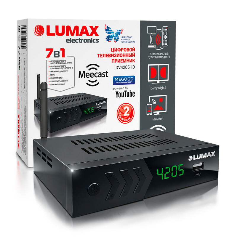 Цифровая TV приставка (DVB-T2) Lumax DV4205HD (WiFi встроенный!, мет диспл 7кн  YouTube, IPTV, бп)