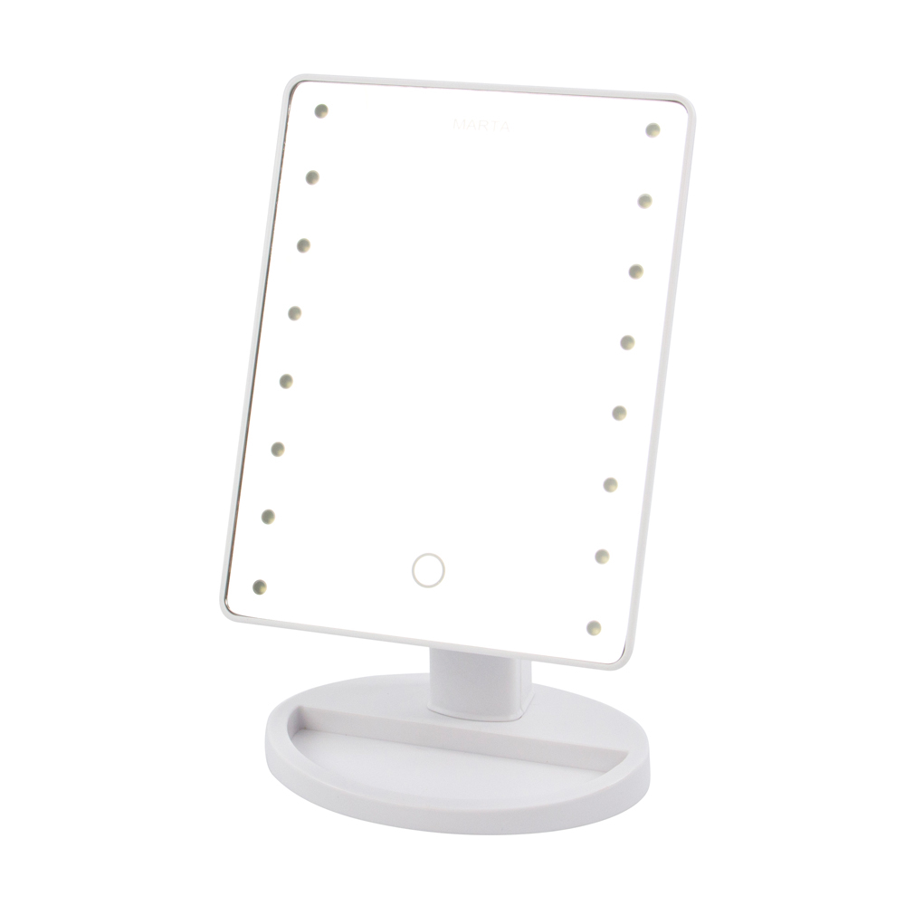 Зеркало настольное MARTA MT-2654 белый жемчуг (плавная подсв 16 LED, наклон, от бат 4*R6) 12/