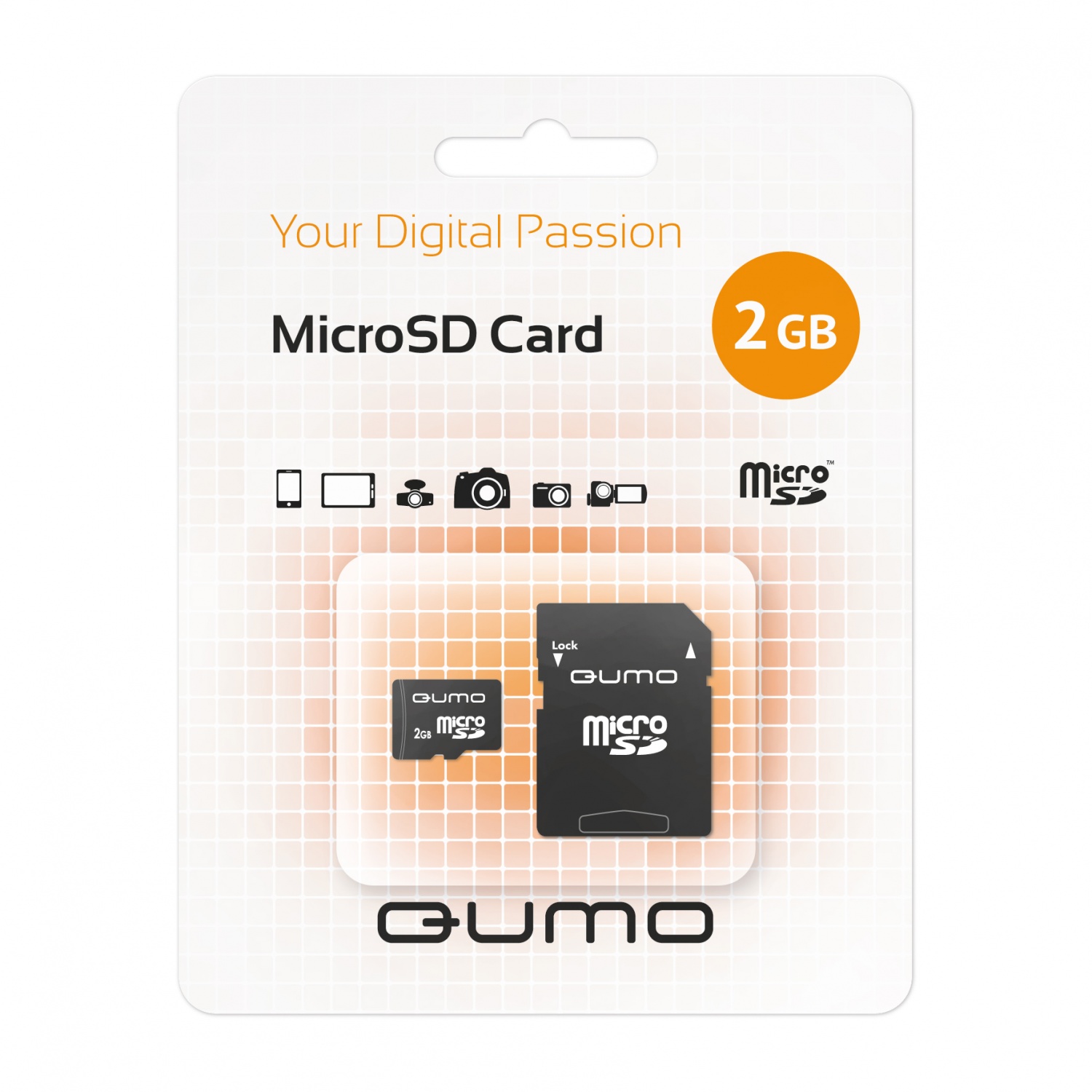 Пам.MicroSD 2Gb QUMO с адаптером SD бело-оранжевая упаковка