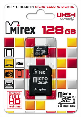 Пам.MicroSDXC,128Gb Mirex (Class 10 UHS-I) с адаптером SD