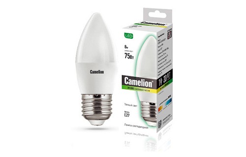 Эл. лампа светодиодная Camelion LED-C35- 8W-/830/E27 (Свеча 8Вт 220В, аналог 75Вт) уп.1/10/100