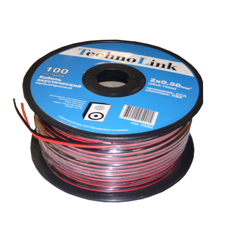 кабель акустический  Technolink 2*0.50мм2 красн/чёрн(28*0.15мм) CCA, 100м, пластиковая катушка