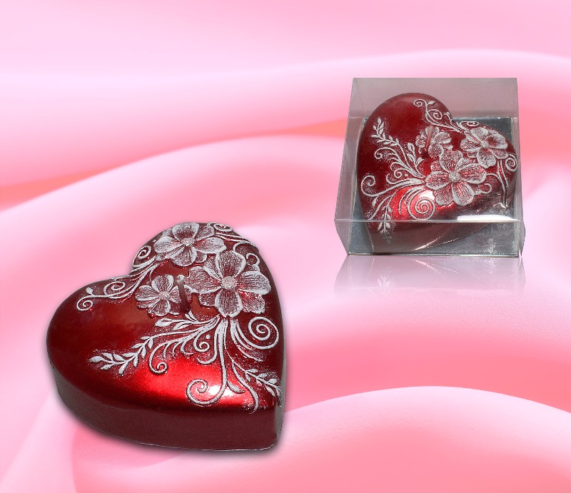 Свеча подароч. Свадьба "Сердце Рубин", апл.цветы (арт.0495 )