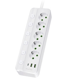 сет/фильтр QUMO Power Bar 5 выключаемых розеток, 3м, белый, 2500Вт, 10A, 3*1мм медь, 2USB, 1Type-C