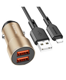 ЗУ в прикуриватель BOROFONE BZ19, 2,4A 2хUSB-A + кабель USB на 8pin Lightning, золотистое (94/376) с доставкой по Дальнему Востоку. Большой каталог авторазветвителей оптом со склада в Новосибирске.