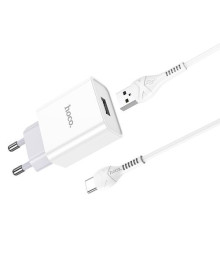 Блок пит USB сетевой  HOCO C81A, 1хUSB-А, 2.1A + кабель (AM-Type-C), 1 м, белый (23/138)