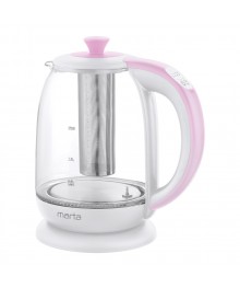 Чайник MARTA MT-4622 стекло, белый/розовый (2200W, 1,8л, рег темп, мет фильтр для заваривания)