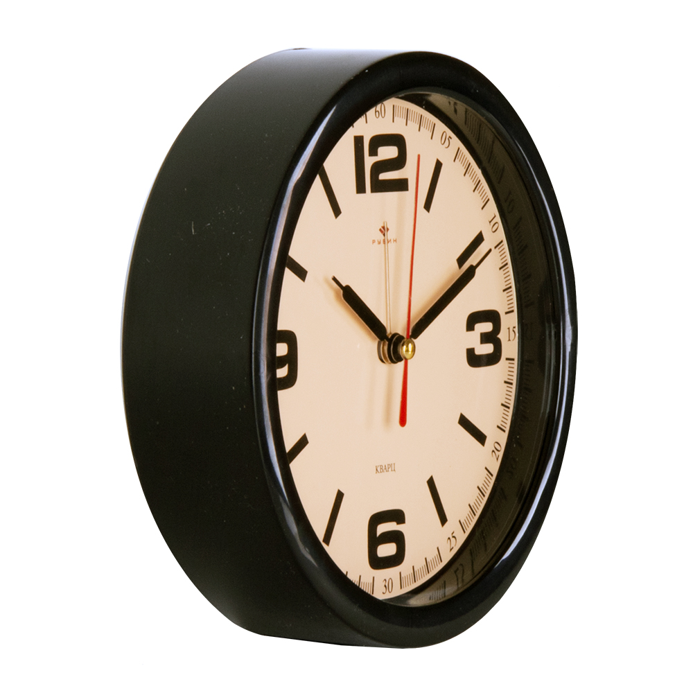 Часы будильник  B4-044  кварц d=15см, корпус черный "Классика" (20)