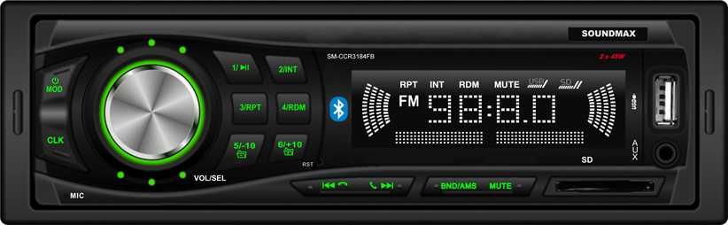 Авто магнитола  Soundmax SM-CCR3184FB (24 B)  черный\G (USB/SD, MP3 4*40Вт 18FM зелен подсветка)