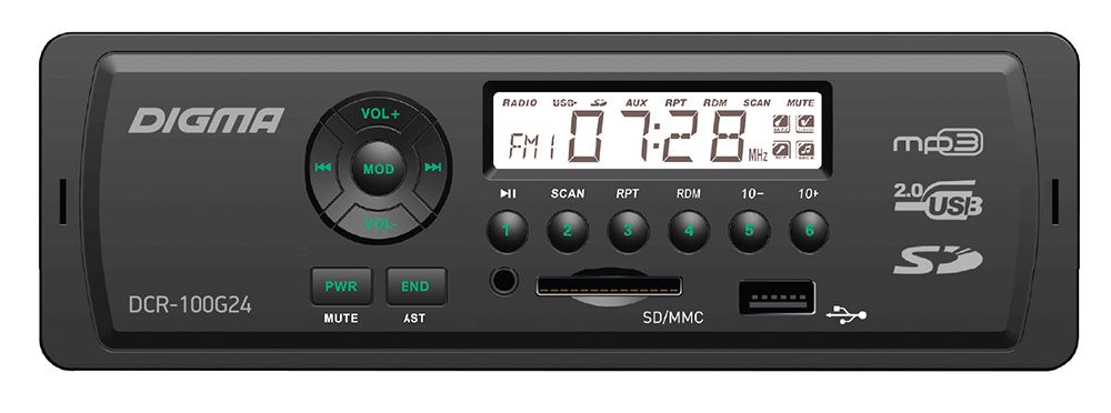 Авто магнитола  Digma DCR-100G24 (питание 24V !!!, USB/SD/MMC/AUX MP3 4*45Вт 18FM зел подсв)