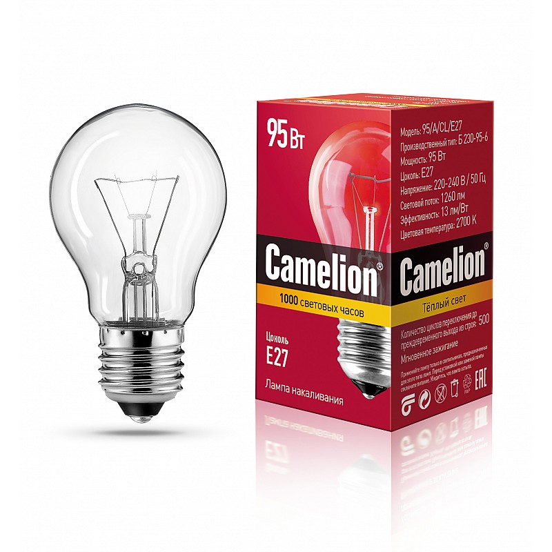 Эл. лампа  Camelion 95/А/CL/Е27 (Эл.лампа накаливания с прозрач.колбой, ЛОН)  уп.100шт