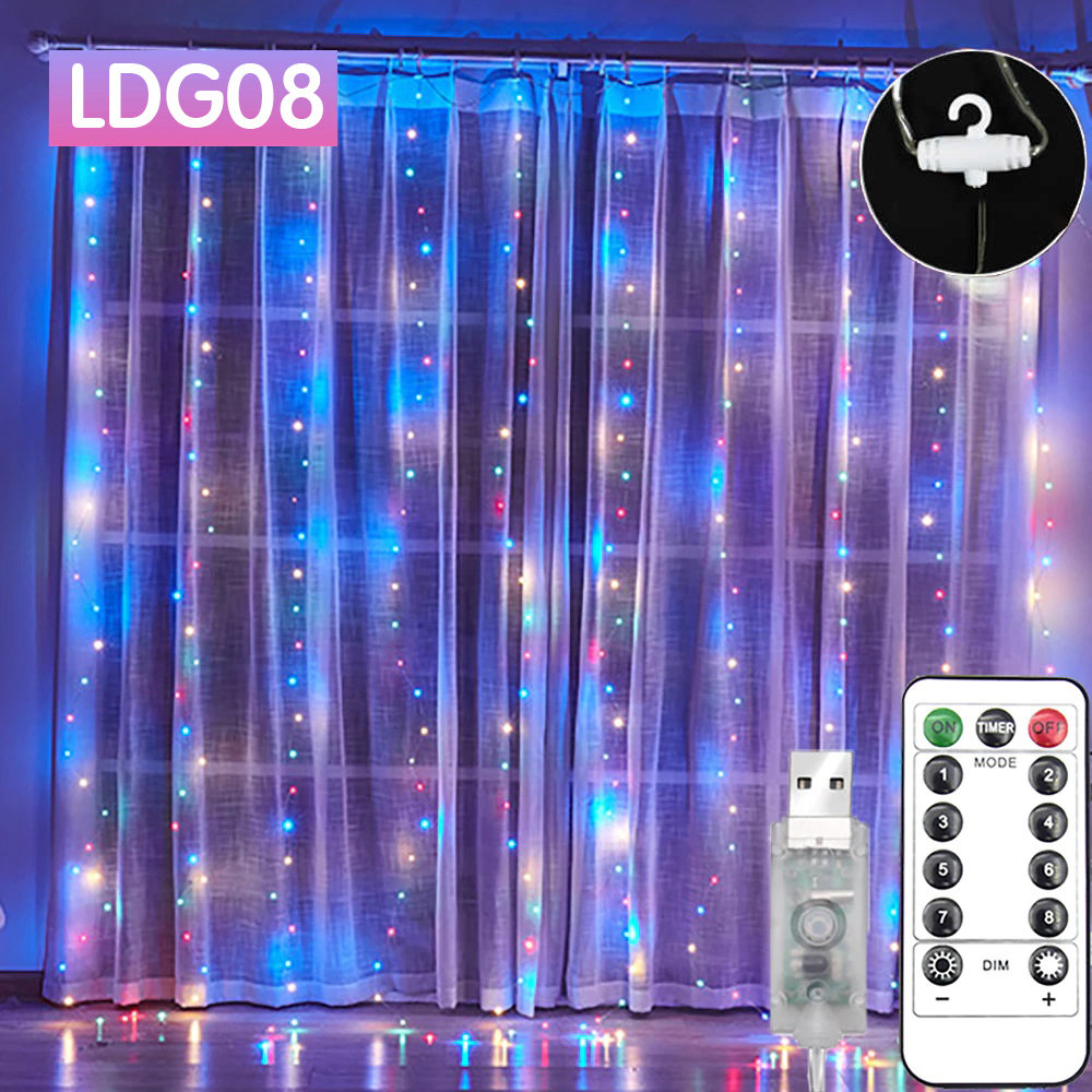 Гирлянда-штора Огонек OG-LDG08 LED Мультицвет с крючками (3х3м,300 ламп, RGB, пит от USB)
