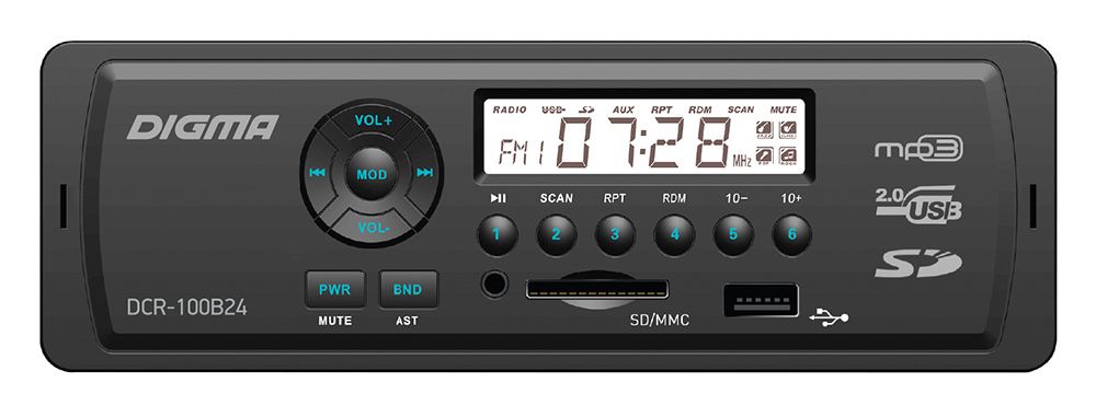 Авто магнитола  Digma DCR-100B24 (питание 24V !!!, USB/SD/MMC/AUX MP3 4*45Вт 18FM син подсв)