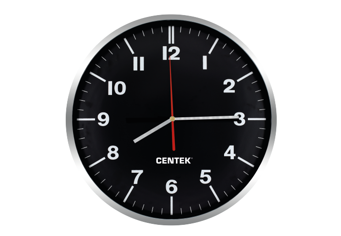 Часы настенные кварцевые Centek СТ-7100 Black черн + хром (30 см диам., круг, ПЛАВНЫЙ ХОД)