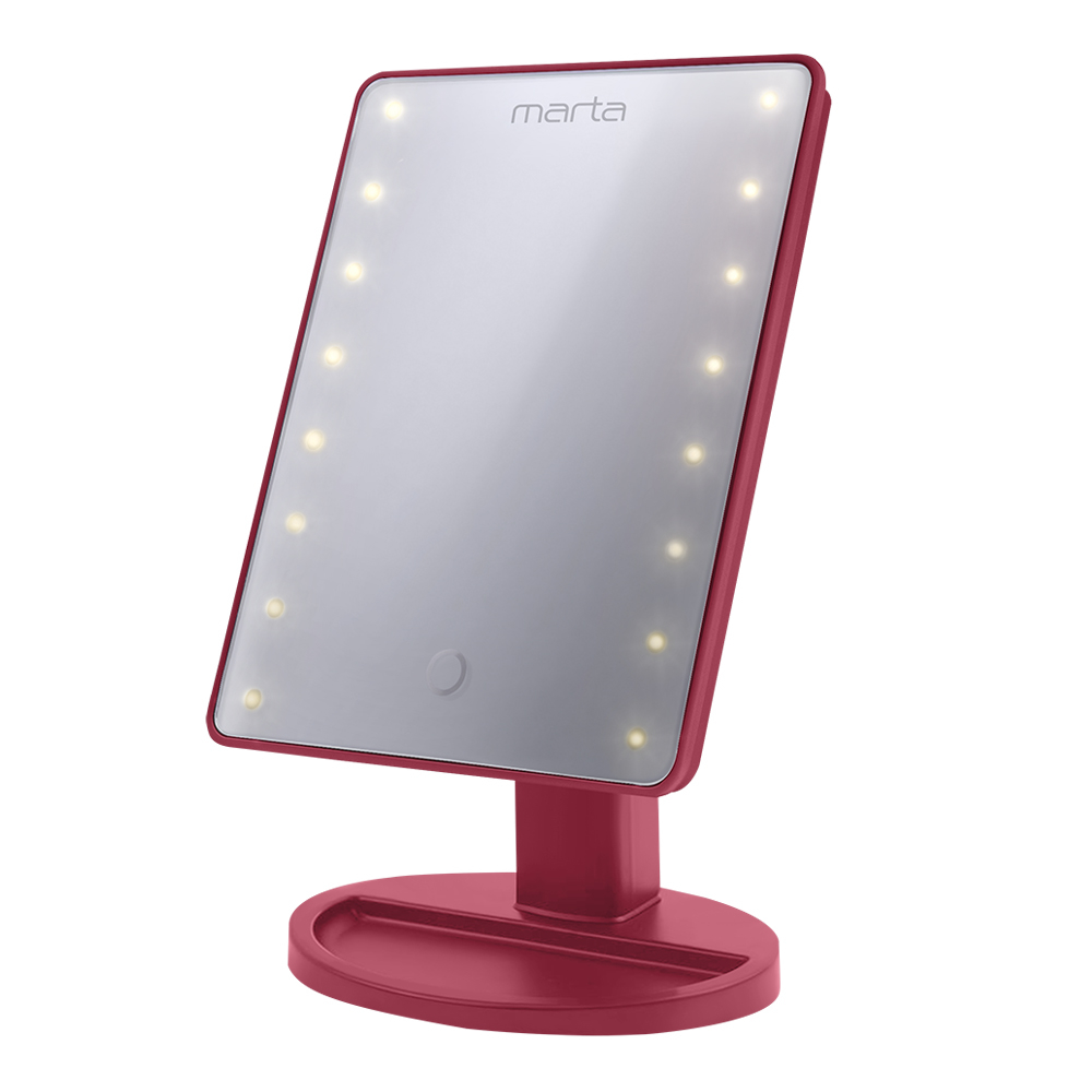 Зеркало настольное MARTA MT-2654 красный рубин (плавная подсв 16 LED, наклон, от бат 4*R6) 12/