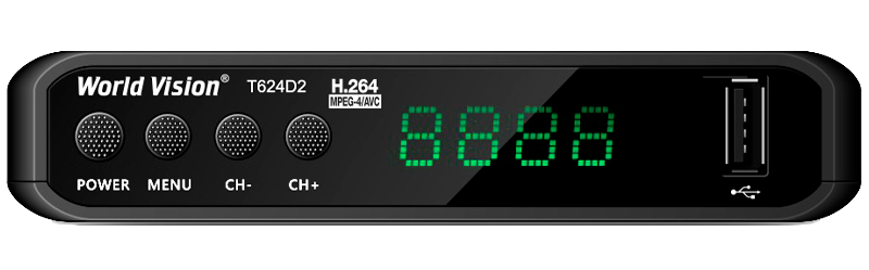Цифровая TV приставка (DVB-T2) World Vision T624D2 (дисплей, кнопки, H.264, T2+C, IPTV, AC3)