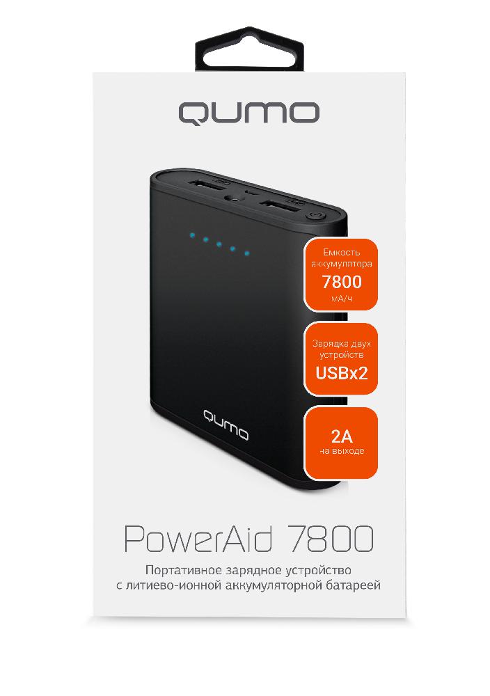 Внешний аккумулятор Qumo PowerAid 7800 (V2), 7800 мА-ч, 2 USB 1A+2A (2.1А сумм), вход до 1.5А, круг
