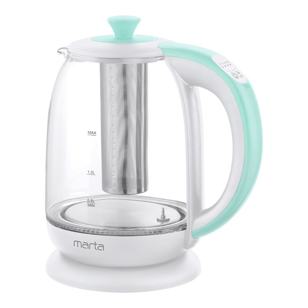 Чайник MARTA MT-4622 стекло, белый/ментол (2200W, 1,8л, рег темп, мет фильтр для заваривания)