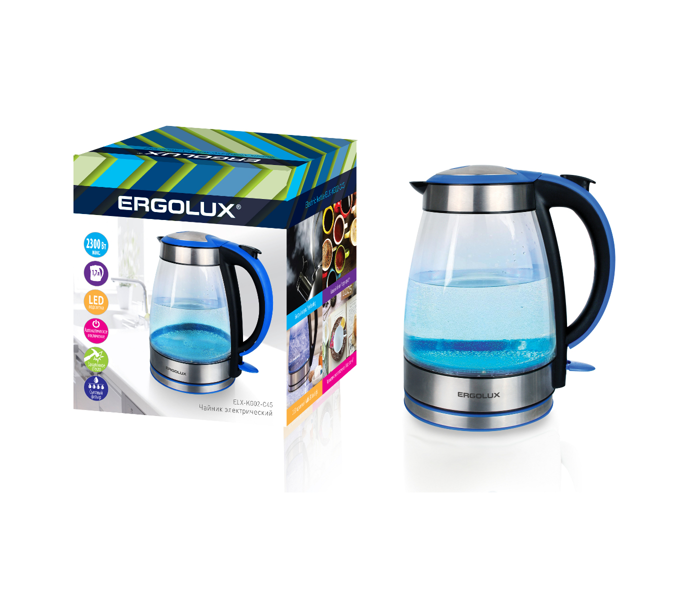 Чайник ERGOLUX ELX-KG02-C45 сине-черный , стеклянный, 1500- 2300 Вт, 1,7л, 160-250В (6/уп)