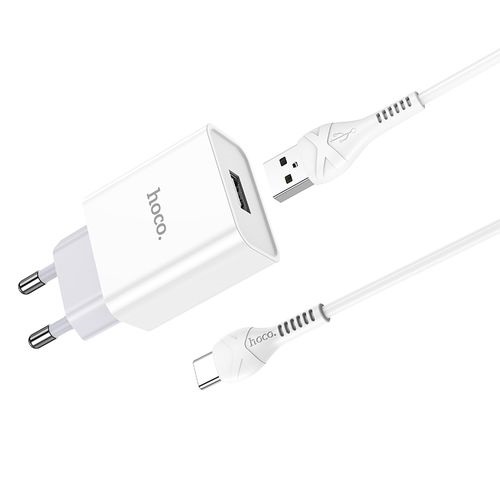 Блок пит USB сетевой  HOCO C81A, 1хUSB-А, 2.1A + кабель (AM-Type-C), 1 м, белый (23/138)