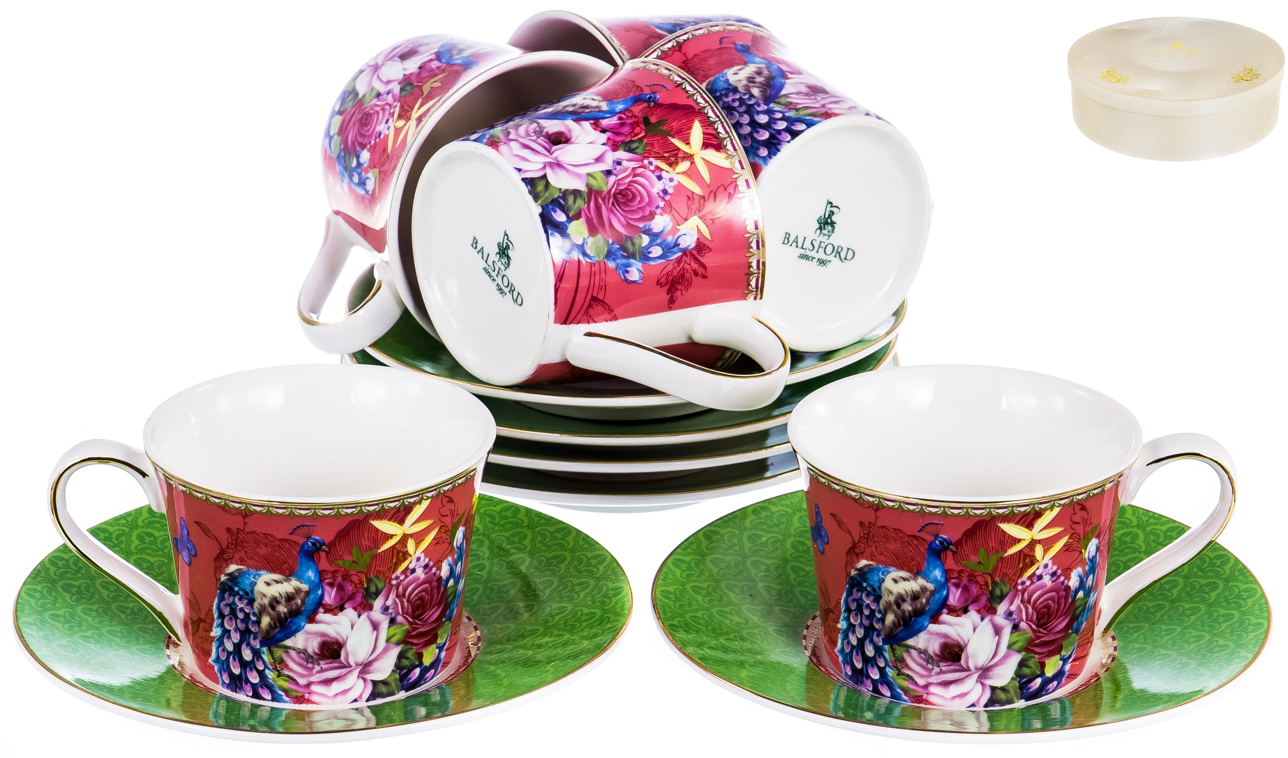 МАРКИЗА ПАВЛИН набор чайный (12)6чашек200мл+6блюдец NEW BONE CHINA цветной декор с золотом122-29005